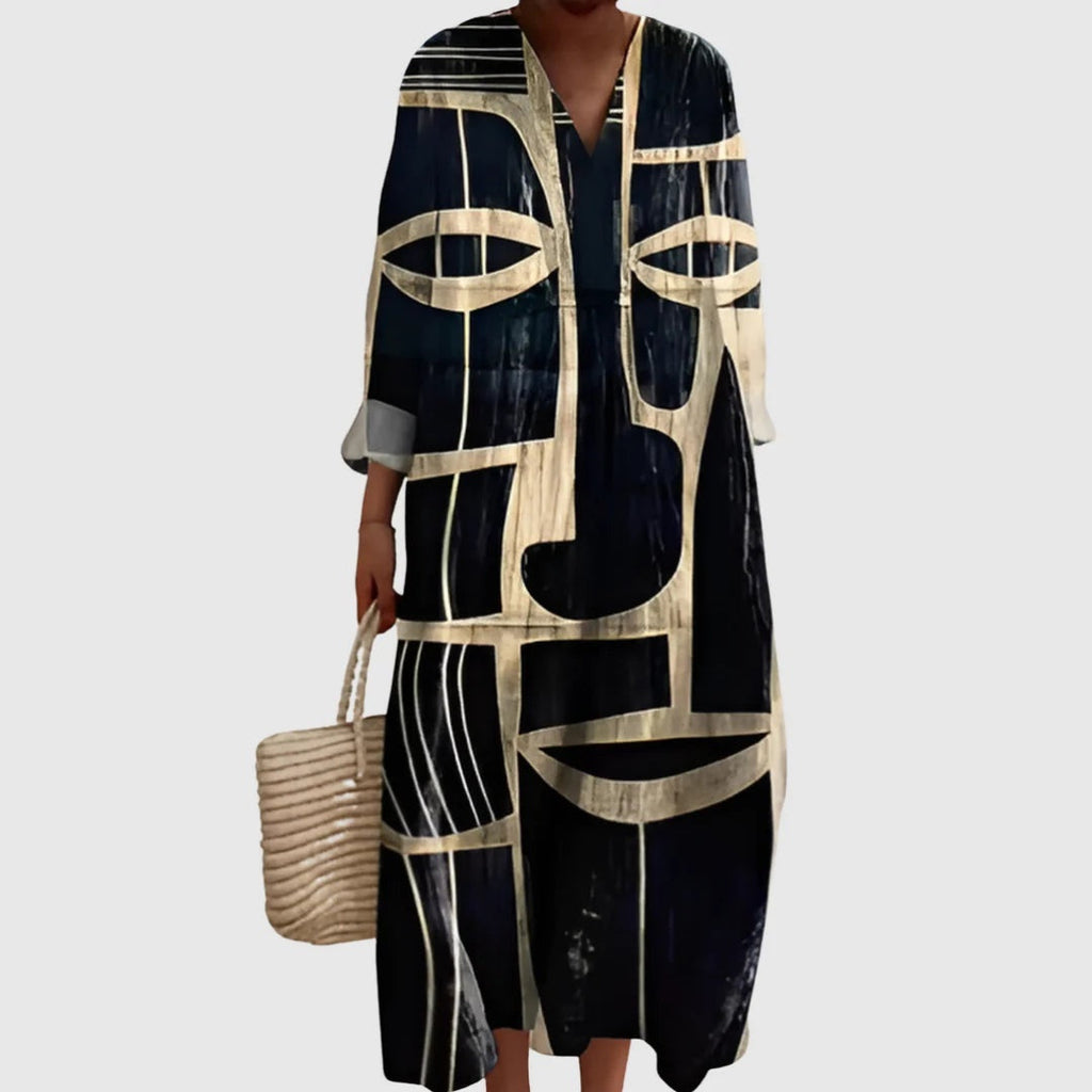 Abito Lungo Estivo Geometrico Stampa Patchwork Donna Scollo a V