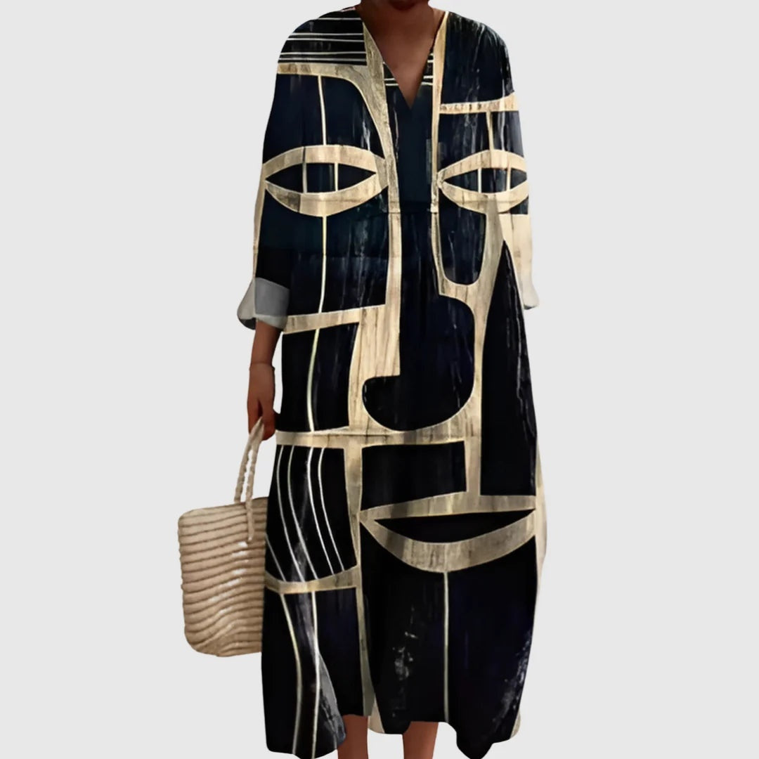 Abito Lungo Estivo Geometrico Stampa Patchwork Donna Scollo a V