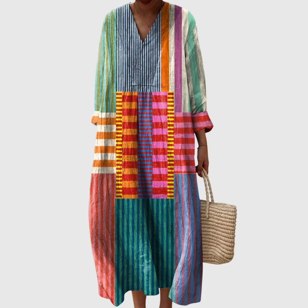 Abito Lungo Estivo Geometrico Stampa Patchwork Donna Scollo a V