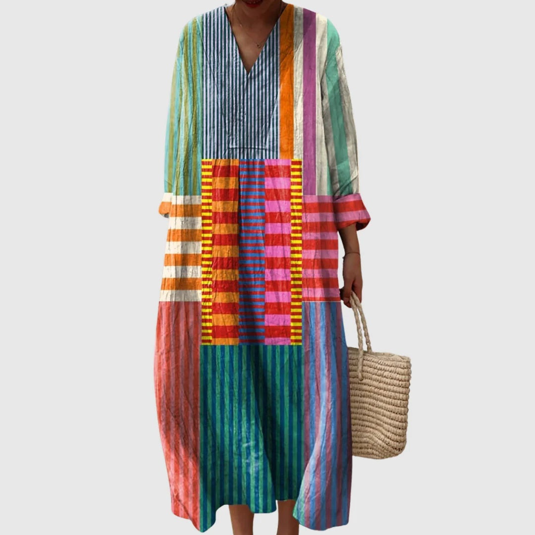 Abito Lungo Estivo Geometrico Stampa Patchwork Donna Scollo a V