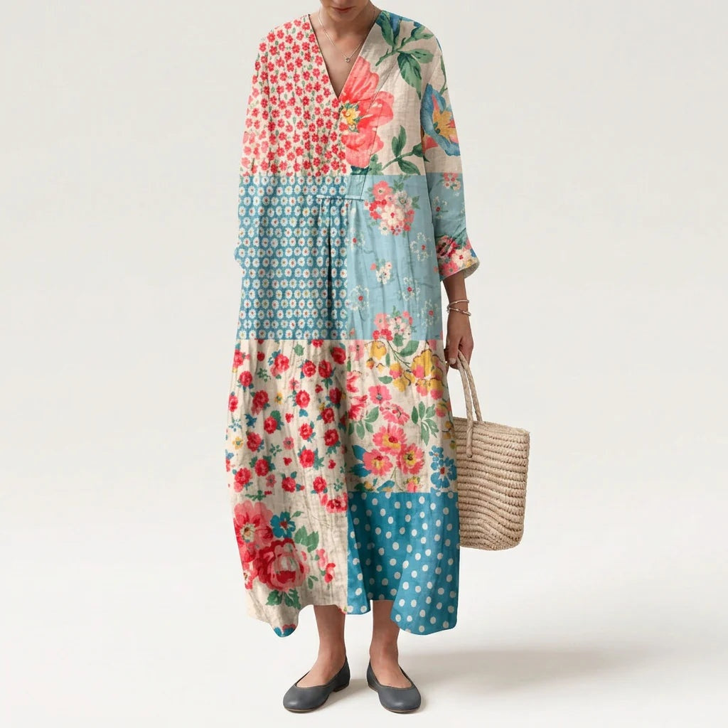 Abito Lungo Estivo Geometrico Stampa Patchwork Donna Scollo a V
