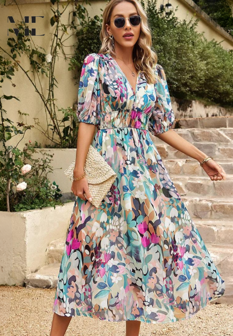 Abito Midi da Invitata Stampa Floreale Donna Scollo a V