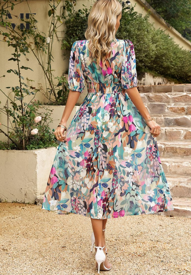 Abito Midi da Invitata Stampa Floreale Donna Scollo a V