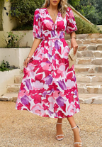 Abito Midi da Invitata Stampa Floreale Donna Scollo a V