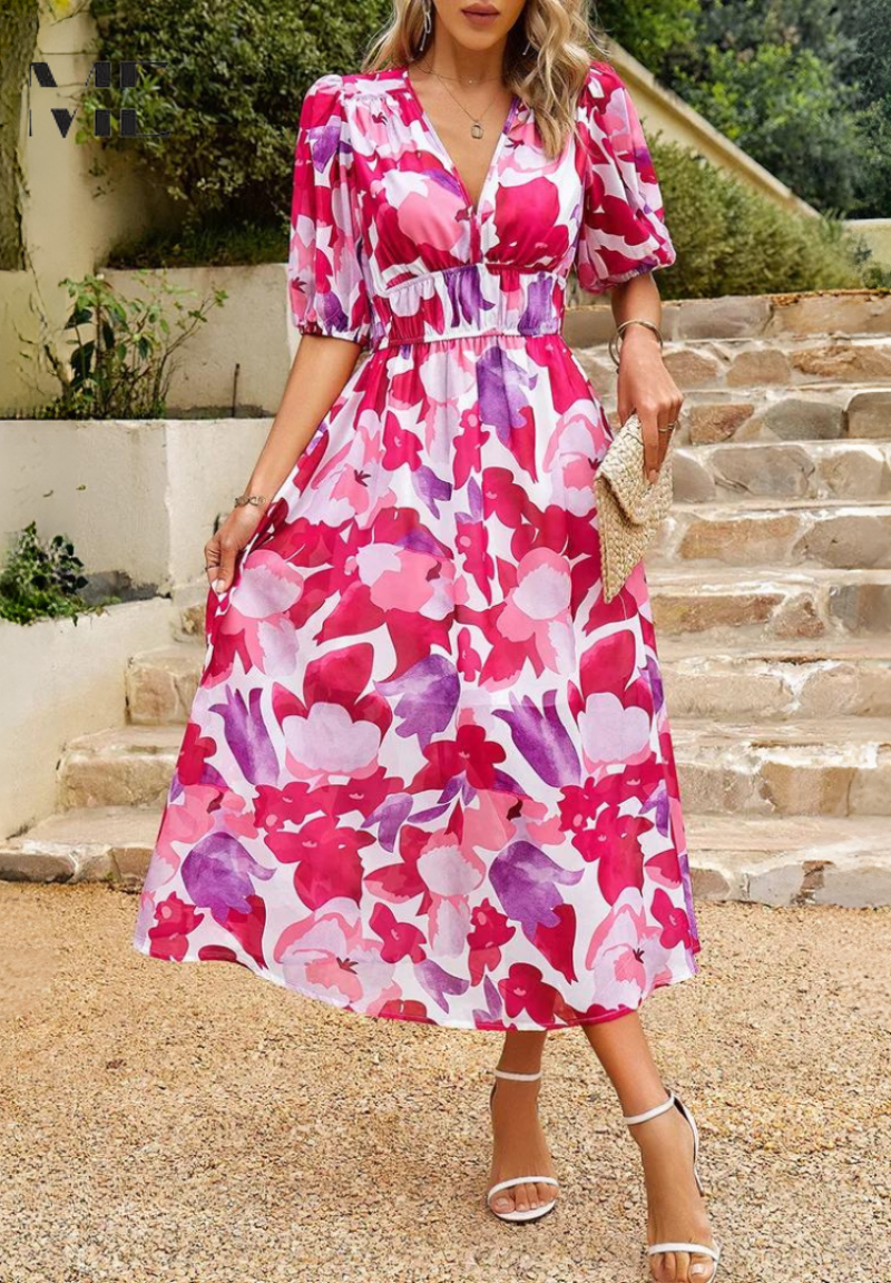 Abito Midi da Invitata Stampa Floreale Donna Scollo a V