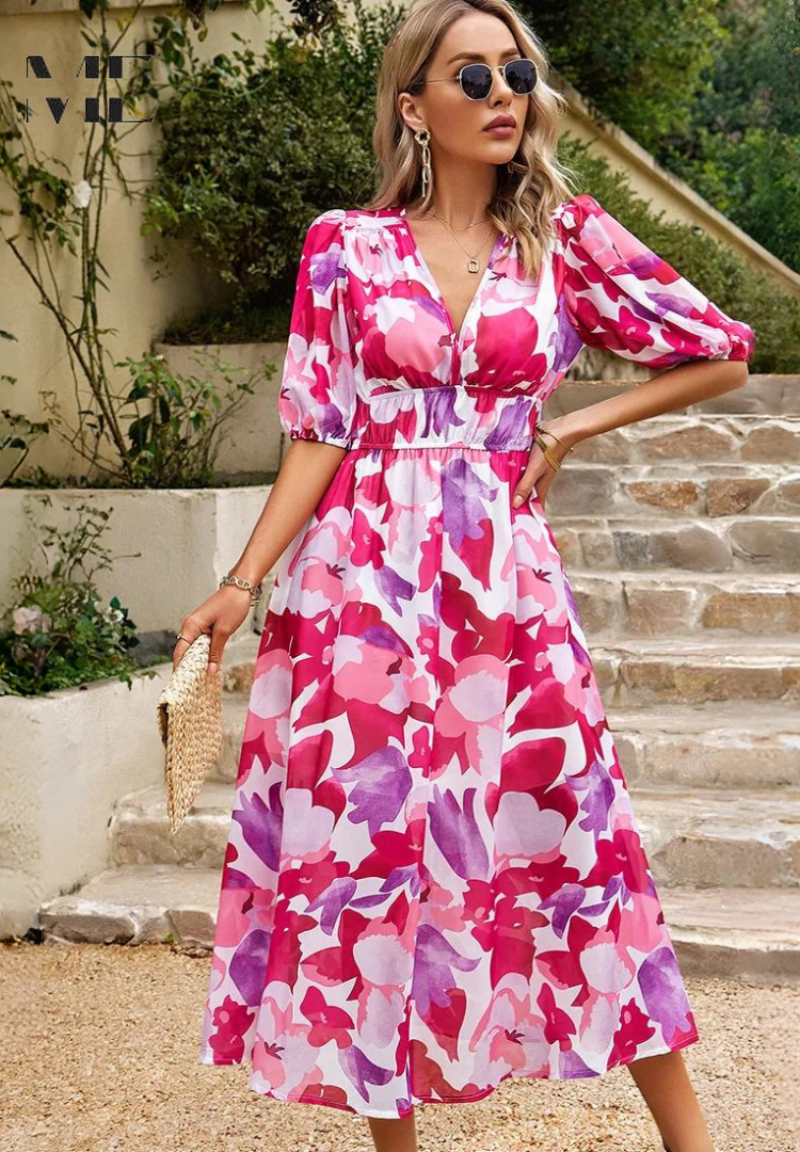 Abito Midi da Invitata Stampa Floreale Donna Scollo a V